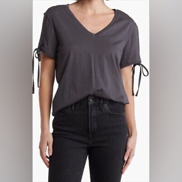 AllSaints | Women's V-Neck Olive green Top with Tie Sleeves - Picture 1 of 8